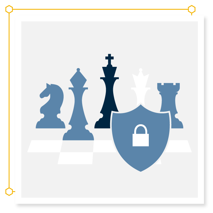 Illustration of chess pieces and board behind a shield with a padlock.